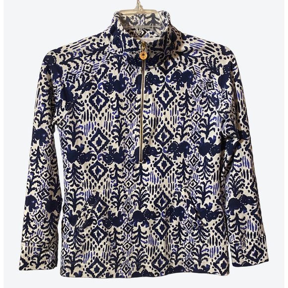 Lilly Pulitzer Women's Small 1/2 Zip Elephant Pattern Top Navy White - Picture 1 of 12
